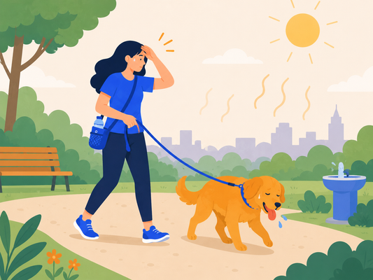 Girl and dog feeling hot on a summer walk
