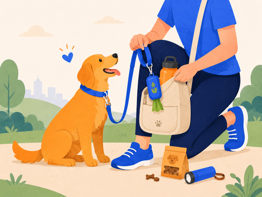 What to bring on a dog walk with leash, treats, water, and poop bags