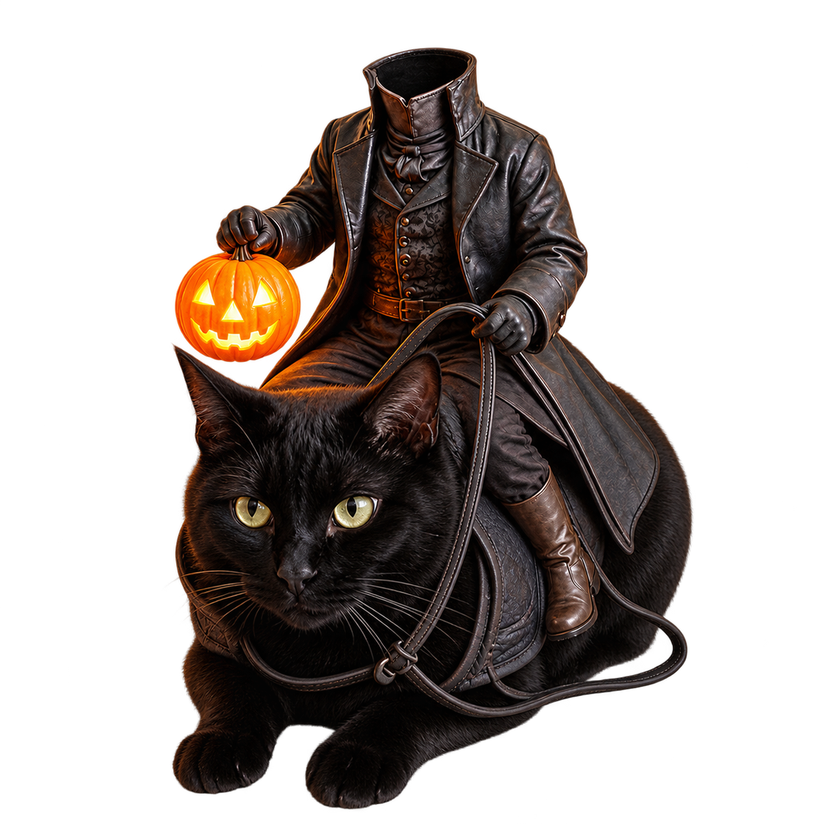 Black cat wearing a Headless Horseman Halloween costume with a headless rider, black outfit, and glowing jack-o'-lantern, perfect for spooky pet dress-up.