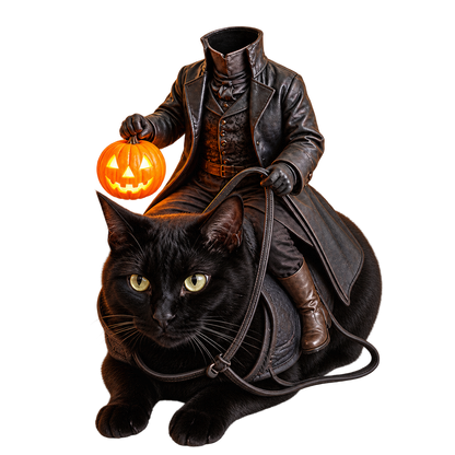 Black cat wearing a Headless Horseman Halloween costume with a headless rider, black outfit, and glowing jack-o'-lantern, perfect for spooky pet dress-up.