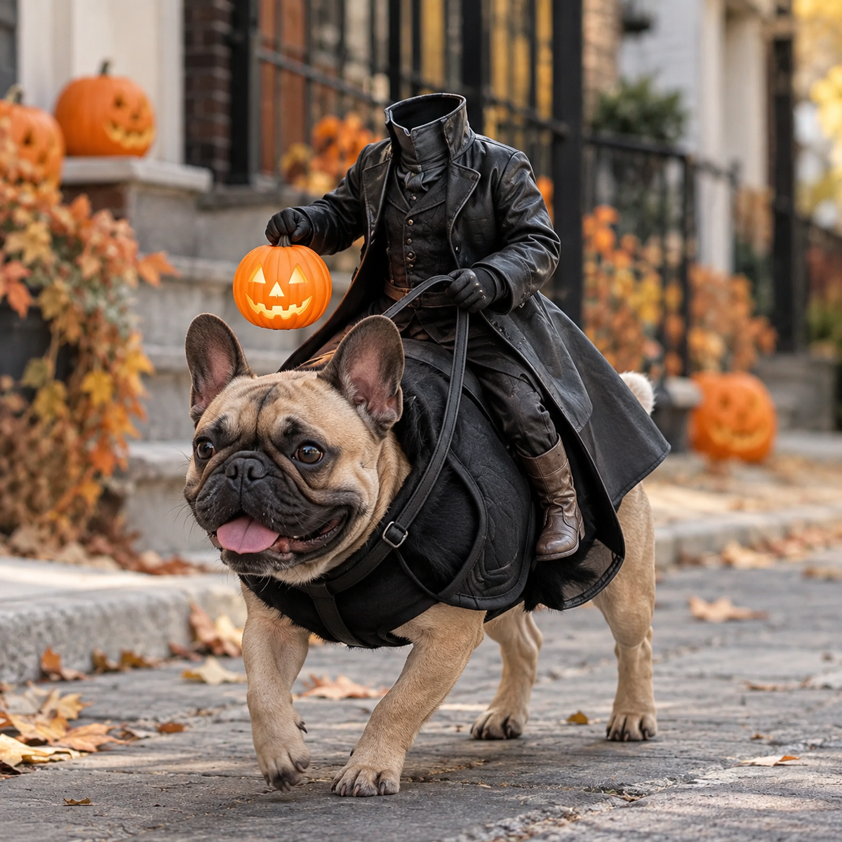 French Bulldog wearing a Headless Horseman Halloween dog costume with a pumpkin-carrying rider while walking along an autumn neighborhood street.