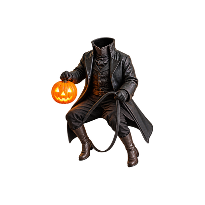 Headless Horseman Halloween pet costume featuring a black leather-style rider holding a glowing pumpkin lantern, isolated on a transparent background.