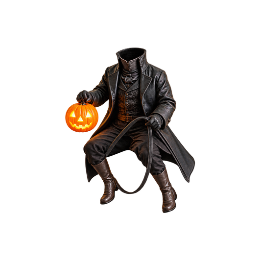 Headless Horseman Halloween pet costume featuring a black leather-style rider holding a glowing pumpkin lantern, isolated on a transparent background.