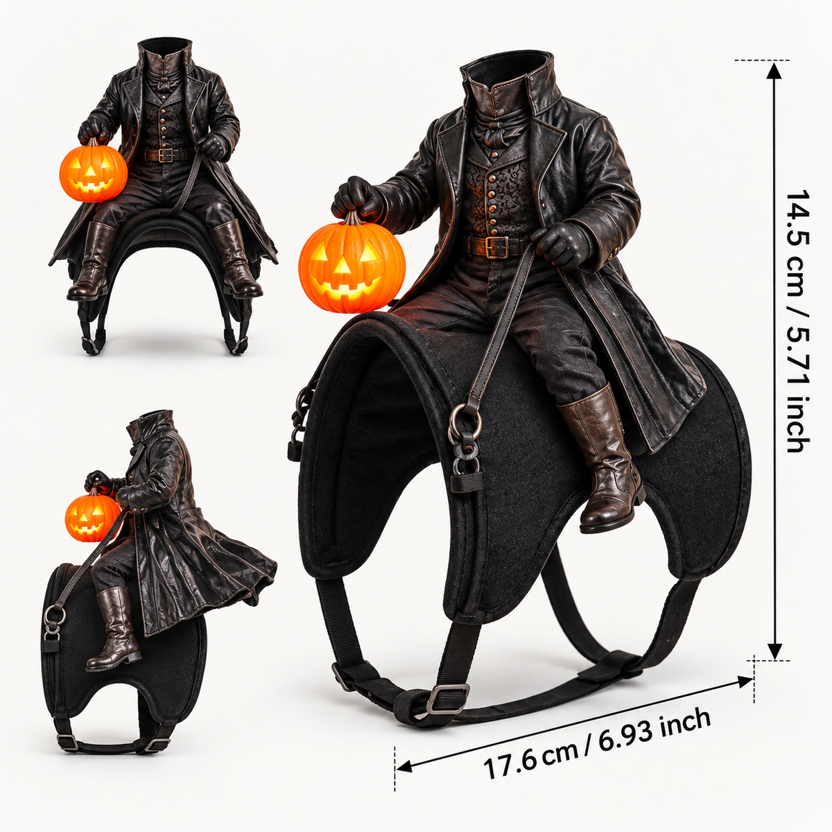 Headless Horseman Halloween pet costume size guide showing front and side views, featuring a headless rider holding a glowing pumpkin lantern. Costume measures 14.5 cm (5.71 inches) in height and 17.6 cm (6.93 inches) in length, with adjustable straps for cats and small dogs.