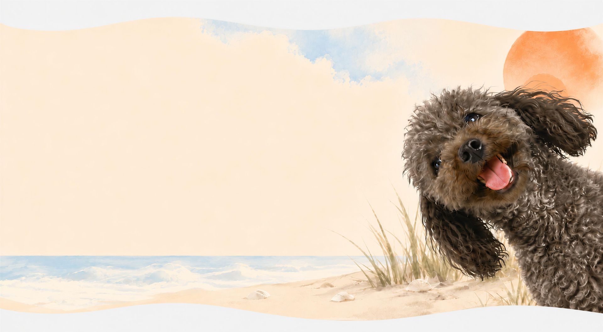 Dog on a sandy beach with a watercolor-style background