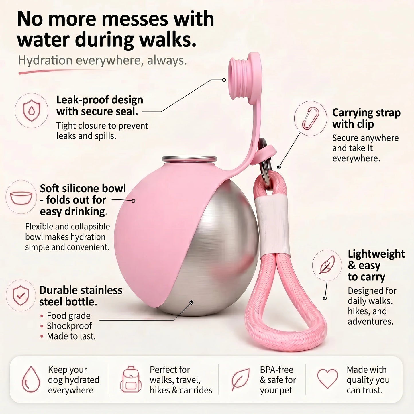 Stainless Steel Dog Water Bottle With Clip
