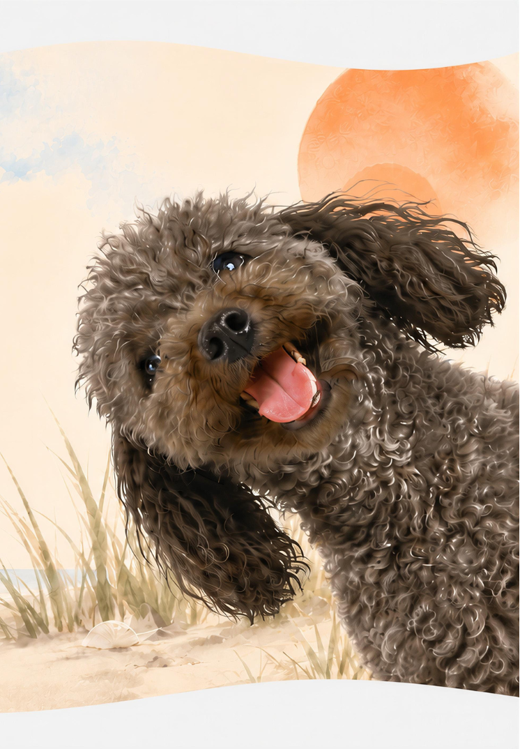 Dog on a sandy beach with a watercolor-style background